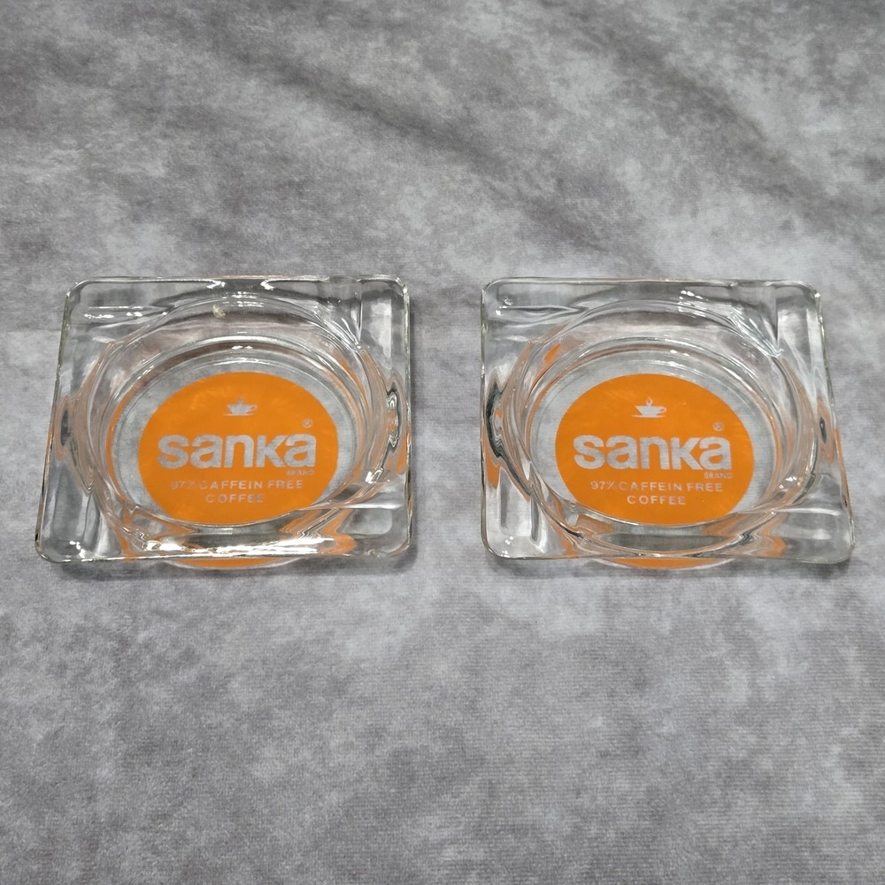 Vtg Square Sanka Ashtray Advertising 97% Caffeine Free Coffee Clear Glass Orange